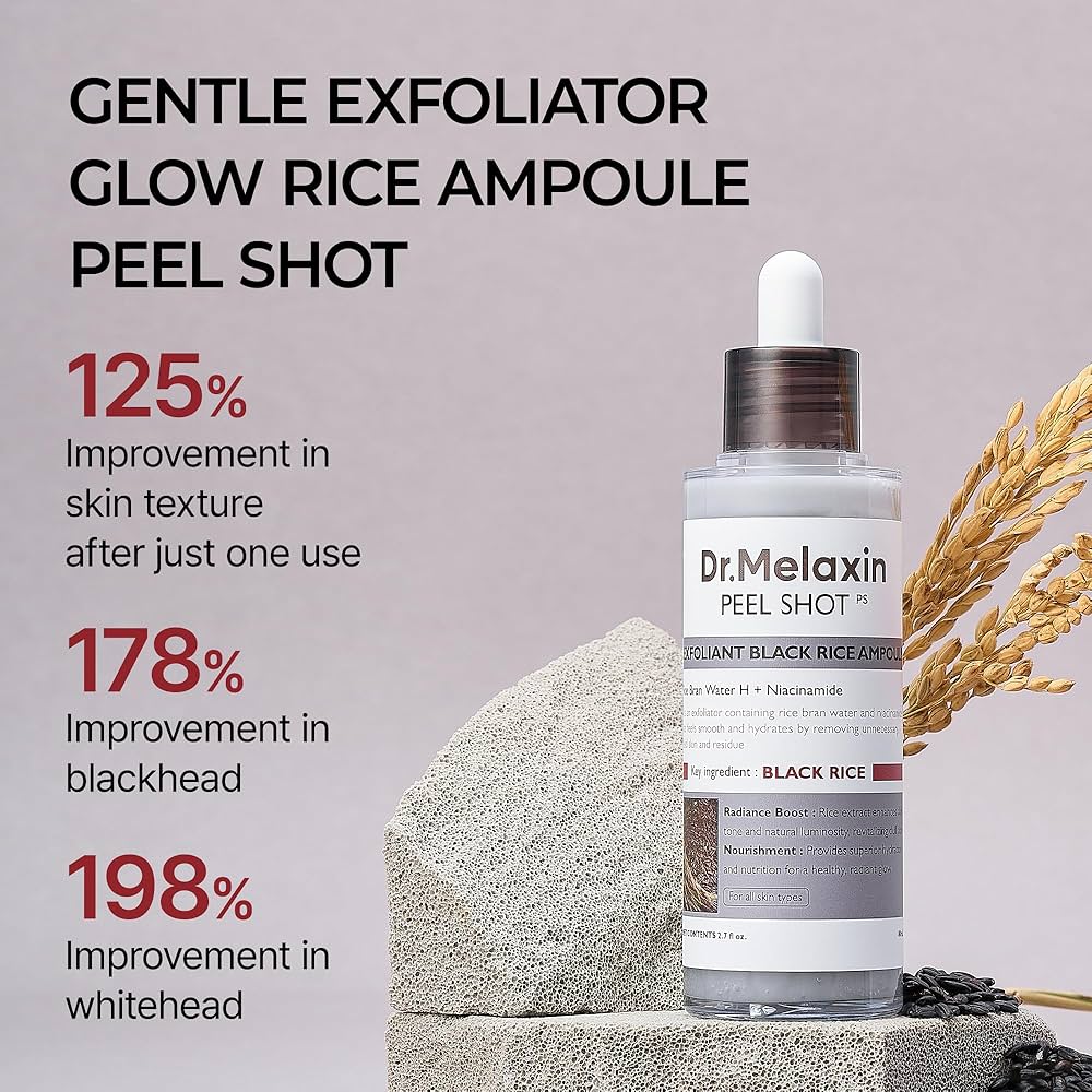 Dr. Melaxin Peel Shot Glow Black Rice Peeling Ampoule – Gentle Exfoliating Serum for Radiant, Smooth & Healthy Skin, 80ml